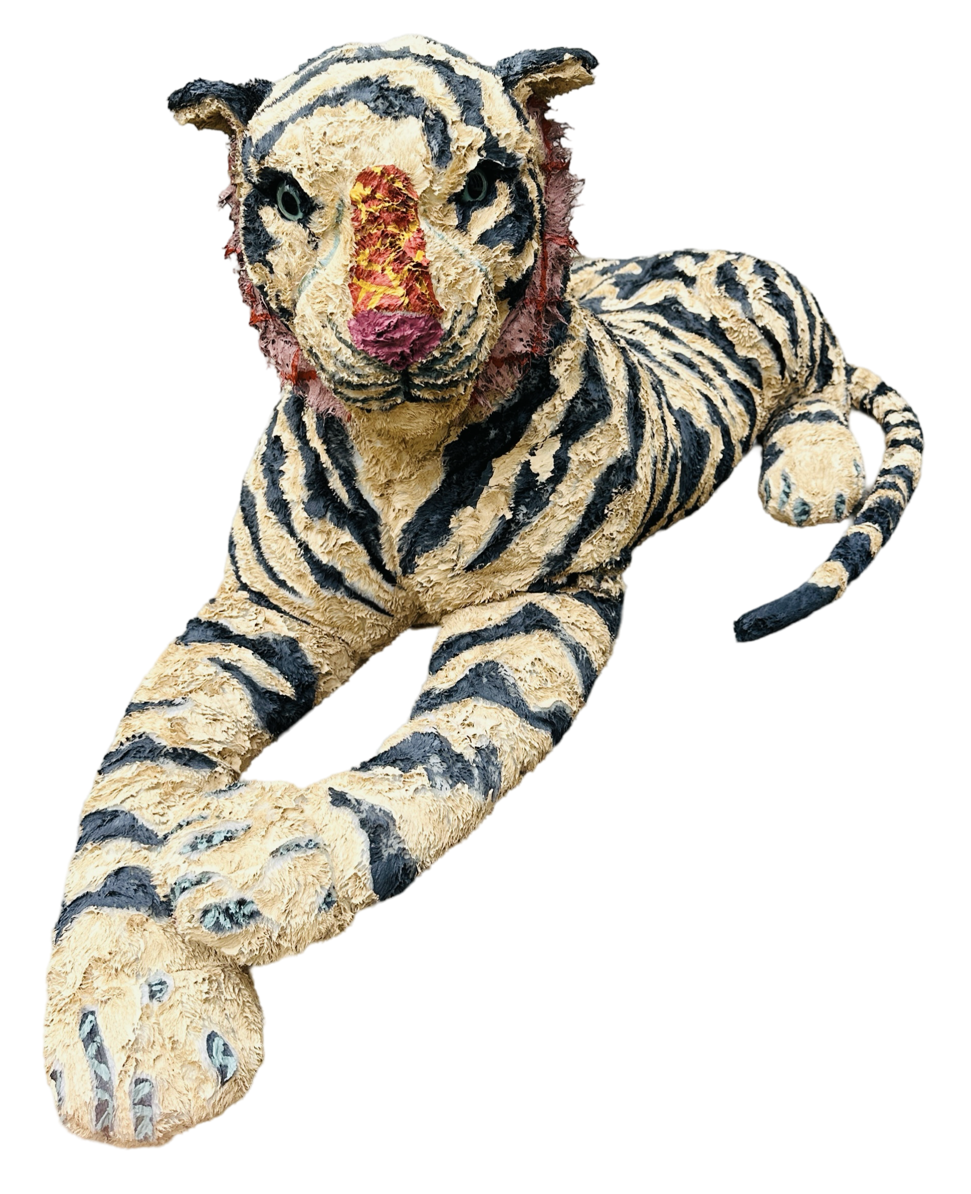 Hand painted large Tiger stuffed animal sculpture by Russ Rubin - front view