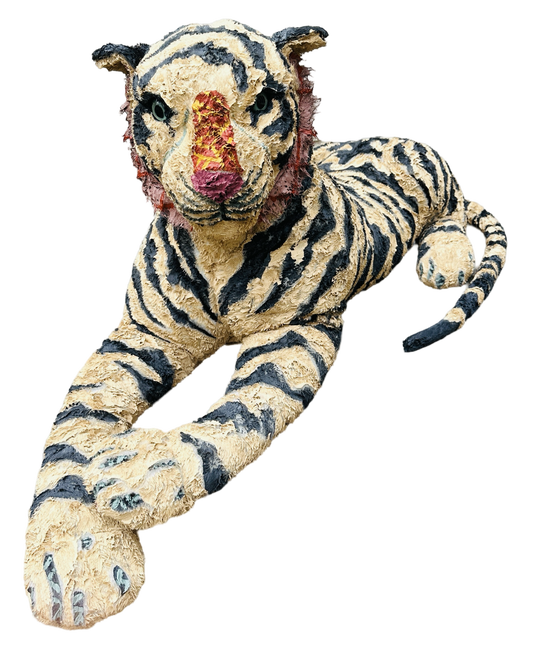 Hand painted large Tiger stuffed animal sculpture by Russ Rubin - front view