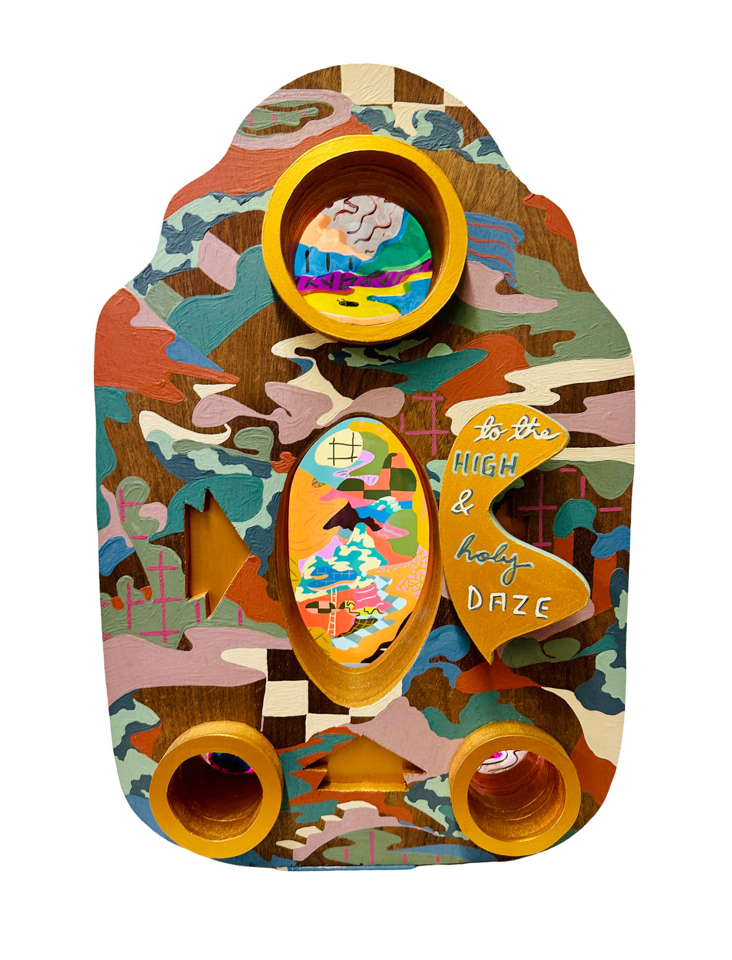 Painted wood multimedia construction by Russ Rubin, covered in abstract landscape with oval digital screen  and round windows at top and bottom