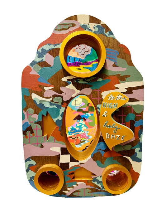 Painted wood multimedia construction by Russ Rubin, covered in abstract landscape with oval digital screen  and round windows at top and bottom