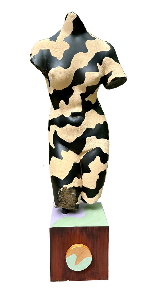 Hand painted female torso sculpture by Russ Rubin - front view